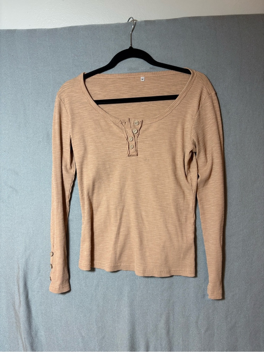 SHEIN Tan Ribbed Henley Long-Sleeve Top